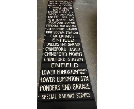 London transport interest: a vintage London bus destination blind, in almost pristine condition, c.1974, 400cm long, 91cm wid