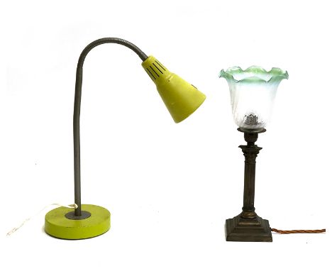 A mid-century style desk lamp; together with a further Corinthian column table lamp with glass tulip shade, 35cmH 