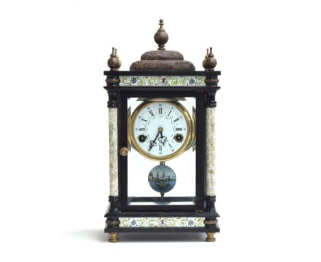 A 19th century French slate and marble mantel clock, the case with four bevelled glass panels, 38cm high 