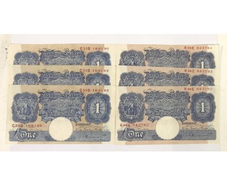 Six emergency wartime issue one pound notes, K O Peppiatt, in two sets of consecutive numbers R48E 843782-4, C53D 168188-90 