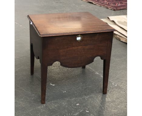 A George III mahogany commode stool, hinged lid, on slightly splayed tapering legs, 48x43x48cmH 