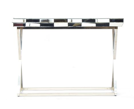 A contemporary mirrored and chrome console table, on cross frame, two tone mirrors, 110cm wide, 40cm deep, 80cm high 