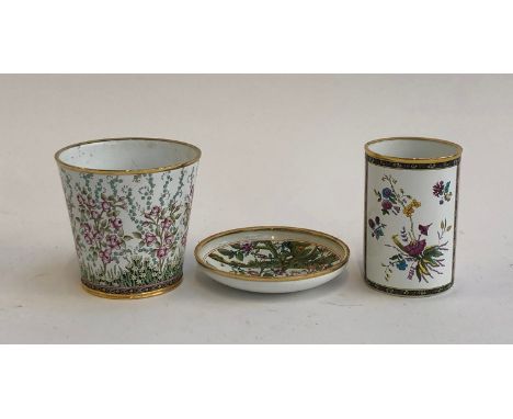 A Halcyon Days enamel cup, 8cmH; A Halcyon Days 'Victorian Flowers' vase, 8.5cmH, and a Halcyon Days V&amp;A pin dish, 10cmD 