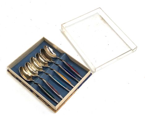 A set of six mid-century Danish stainless steel and enamel coffee spoons, by Meka, in original box 