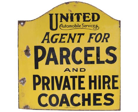 Bus motoring double sided enamel UNITED AUTOMOBILE SERVICES LTD AGENT FOR PARCELS AND PRIVATE HIRE COACHES. Measures 17in x 1