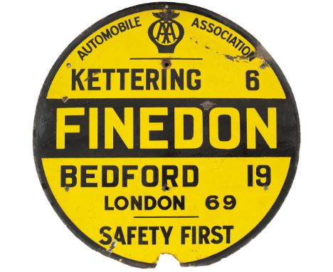 Motoring enamel sign AUTOMOBILE ASSOCIATION FINEDON KETTERING 6 BEDFORD 19 LONDON 69 SAFETY FIRST. In good condition with som