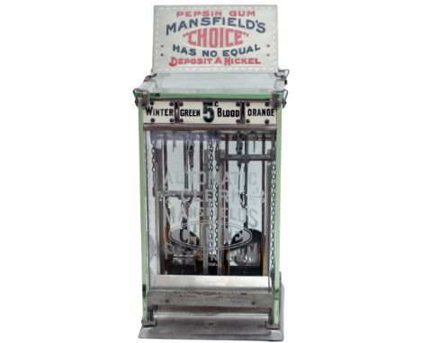 American chewing gum dispensing machine with fully visible works, edged glazing marked Automatic Clark Mansfield’s CHOICE Pep