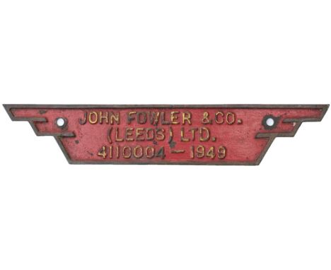 Worksplate JOHN FOWLER &amp; CO (LEEDS) LTD 4110004 1949 ex Standard Gauge 0-4-0 D 411 Class supplied to Joseph Crossfield an