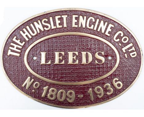 Worksplate THE HUNSLET ENGINE CO LEEDS No1809 - 1936 ex Standard Gauge 0-6-0 ST supplied to Bickershaw Colliery Pennington La