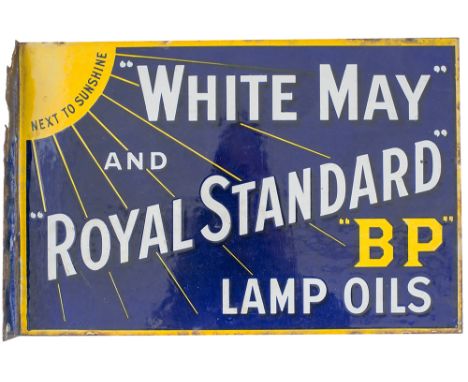 Advertising enamel sign WHITEMAY AND ROYAL STANDARD BP LAMP OILS. Double sided with wall mounting flange, measures 18in x 12i