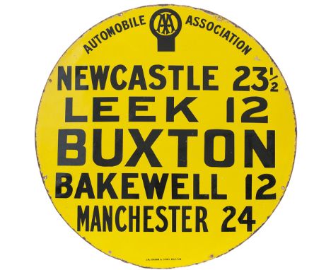 Motoring enamel sign AUTOMOBILE ASSOCIATION BUXTON, NEWCASTLE 23.5 LEEK 12 BAKEWELL 12 MANCHESTER 24. Originates from Buxton.