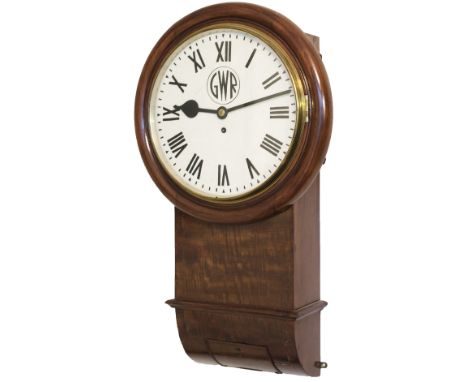 Great Western Railway 12 inch mahogany cased drop dial trunk fusee railway clock with a large rectangular plated chain driven