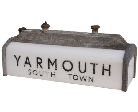 LNER platform lamp YARMOUTH SOUTH TOWN from the Great Eastern Railway terminus station. Cast aluminium frame with perspex pan
