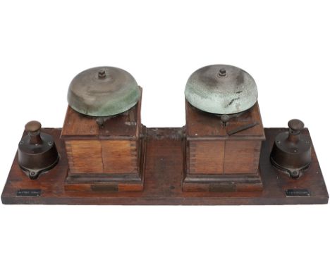 LSWR Sykes split cased Block Bells, a pair, mounted on their original shelf with two brass plungers and two description plate