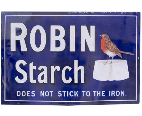 Advertising enamel sign ROBIN STARCH DOES NOT STICK TO THE IRON. In very good condition with some expertly carried out restor