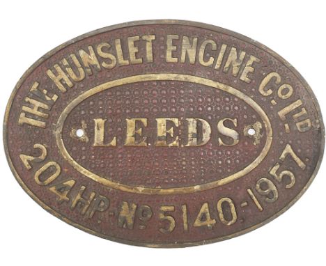 Worksplate THE HUNSLET ENGINE CO LTD LEEDS 204HP No 5140 1957. Ex std gauge 0-6-0DM supplied to John Summers and Sons Shotton