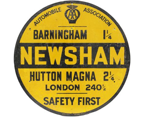 Motoring enamel sign AUTOMOBILE ASSOCIATION NEWSHAM BARNINGHAM 1.25 HUTTON MAGNA 2.25 LONDON 240.5 SAFETY FIRST. In good cond