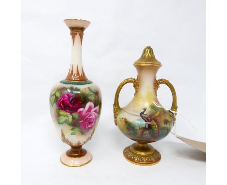 A Royal Worcester hand painted vase, H.19cm, together with a Royal Worcester twin handled vase and cover, hand painted, lacki