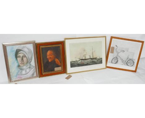 A large framed and glazed print and 3 framed original works. 