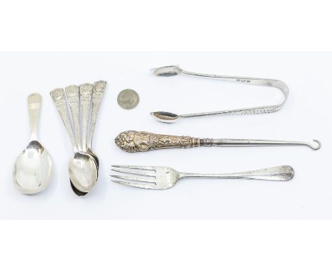 A collection of silver flatware to include:George V caddy spoon, hallmarked by Turner & Simpson, Birmingham, 1919Victorian br