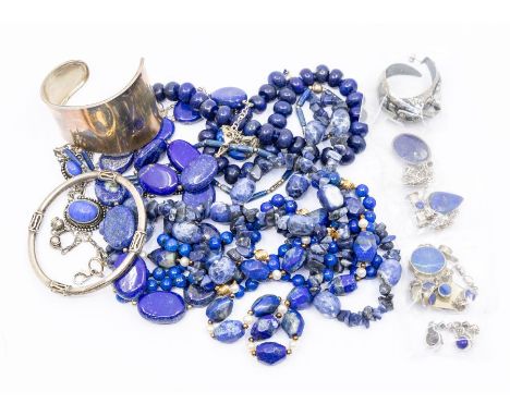 A collection of bead jewellery to include lapis lazuli bead necklaces to include pebble shaped form,&nbsp; pendant set in sil