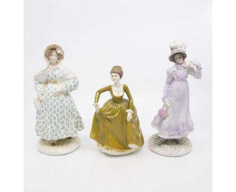 Two Royal Worcester Figures walking out, dresses of the 19th century along with Coalport Anne