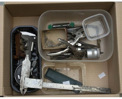 Clockmakers tools including 3 micrometers, x2 Vernier meters, misc items.