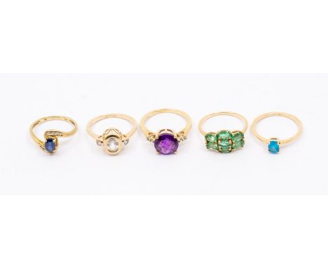 A collection of five Gems TV 9ct gold and gem set rings to include a neon apatite single stone, emerald cluster, amethyst sin