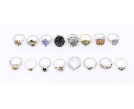 A collection of sixteen Gems TV silver and gem set rings to include a multi coloured sapphire cluster ring, a black spinel cl