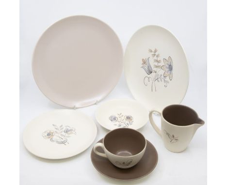 Large quantity of Poole Pottery mushroom glazed items including dinner plates, cups and saucers, side plates AF cruet set, bo