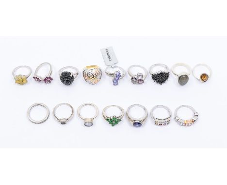 A collection of sixteen Gems TV silver and gem set rings, to include a multicolored  sapphire ring and a five stone white zir