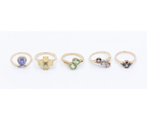 A collection of five Gems TV 9ct gold and gem set rings to include  an Ethiopian opal ring set with oval faceted opals with a