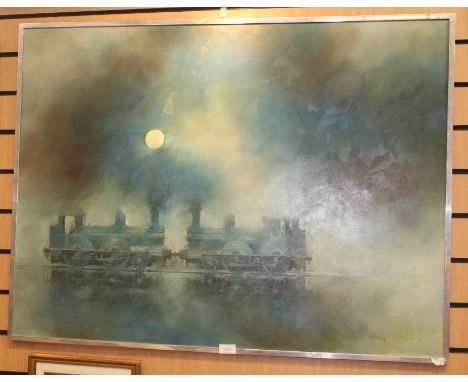 Modern School, Locomotives by Moonlight, oil on panel, 75 x 100cm, signed lower right 