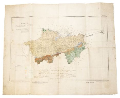 A large 1904 Indian unframed map, entitled District Narsinghpur, coloured showing central provinces, published under the dire