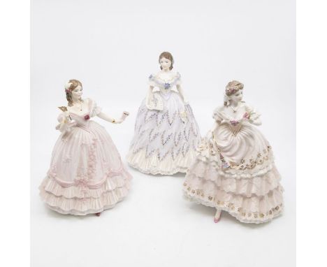 Three Royal Worcester lady figures with certificates and boxes including The Masquerade Begins, The Last Waltz and The Faires