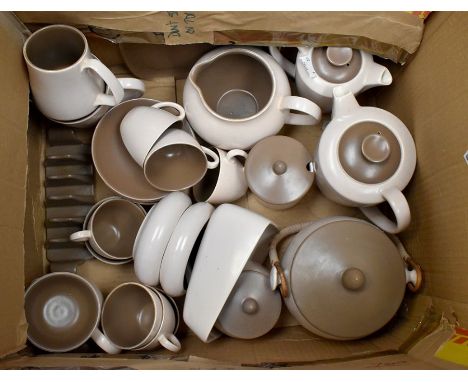 Collection of Poole Pottery Mushroom glazed items, including a coffee set, biscuit barrel, butter dish, toast rack etc