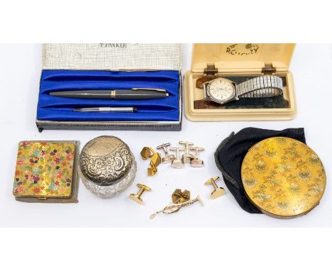 A Gentleman's 1950's Rotary watch in original Bakelite box, yellow and white metal cufflinks, silver top, pot ladies compacts