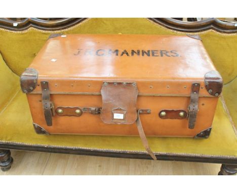 A large early 20th Century travel trunk, leather and wood for positioning on the back of a vintage motor car