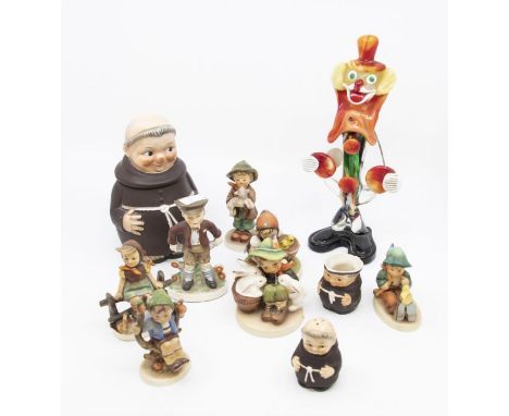 Collection of Goebel figures including monk kitchen wares and 1960s glass maroon clown