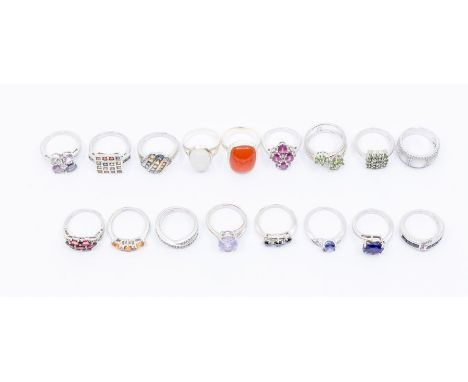 A collection of seventeen Gems TV gem set silver rings to include, a multicolored sapphire cluster, a spinel, white zircon an