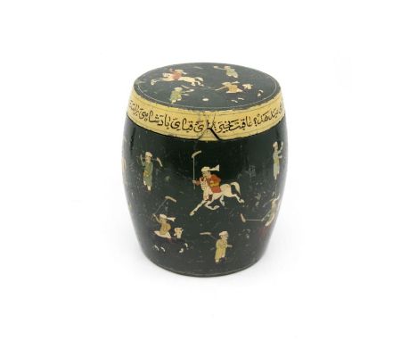1930s wooden Indian tea caddy by M Qasim &amp; Bros with polo playing decorative design