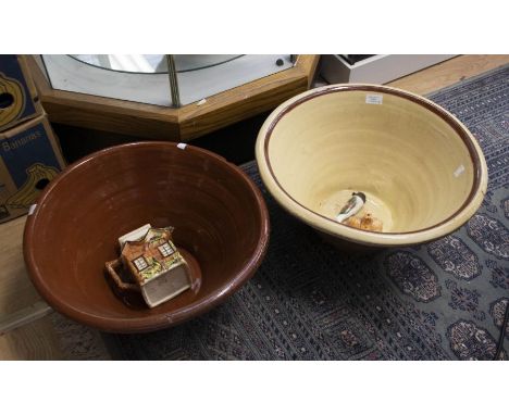 Two large Victorian earthenware tapering mixing bowls, one with cream coloured glaze together with a Cottage ware teapot and 