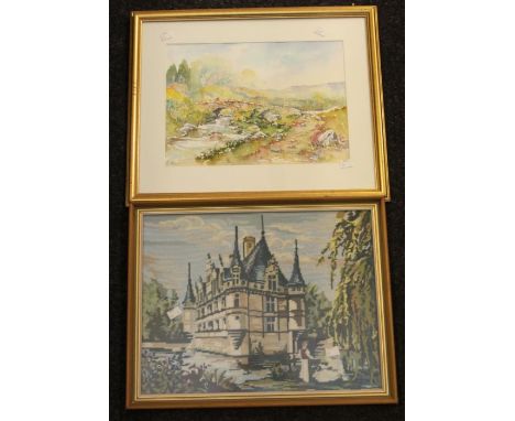 20th Century signed watercolour of a country scene along with a 20th Century tapestry of a Chateau&nbsp;