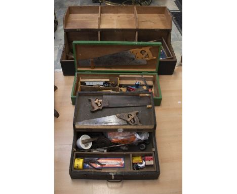 Three wooden tool boxes, with early to mid 20th Century wooden handle tools, including drills, saws and plains etc