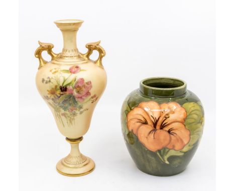 Royal Worcester blush ivory handled vase and a Moorcroft Pottery ginger jar, no lid, in Hibiscus pattern