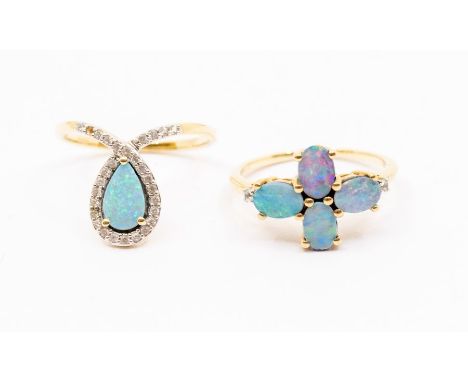 Two opal and white topaz set 9ct gold dress rings, comprising a quatrefoil set with oval opals, small claw set topaz shoulder