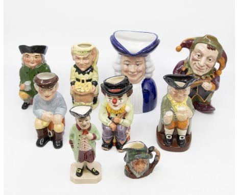 Four small Royal Doulton character jugs i.e. Leprechaun with certificate, Happy John the Clown, Rip Van Winkle, along with fi