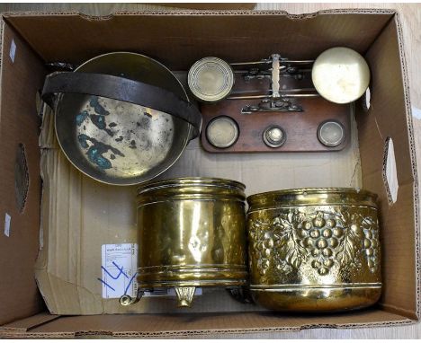 Brass Victorian Post Office scales, brass jam pan, two brass planters