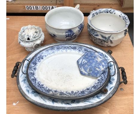 Two ceramic chamber pots, two ceramic water heated trays, all A/F (qty)