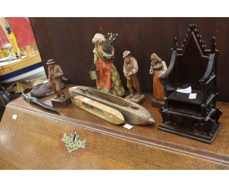 Collection of treen items including Black Forest tribal throne and weaving tools